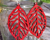 Red Filigree Wood Leaf Earrings with Sterling Silver Earwire(READY TO SHIP)