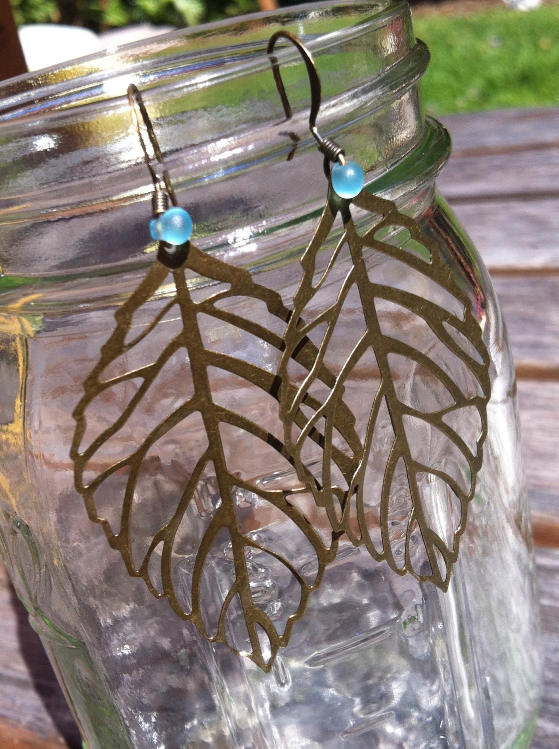 Antique Brass Plated Filigree Leaf Earrings and blue glass Teardrop(Ready to Ship)