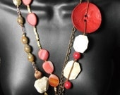 Beaded Statement Necklace Set, Bracelet, Earrings Fall Tones, Red, Brown, Gold, Copper