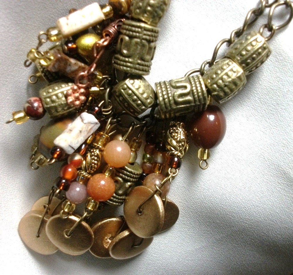Beaded Charm Necklace, Warm Earthy Tones, Brown, Gold, Copper, 30 inches