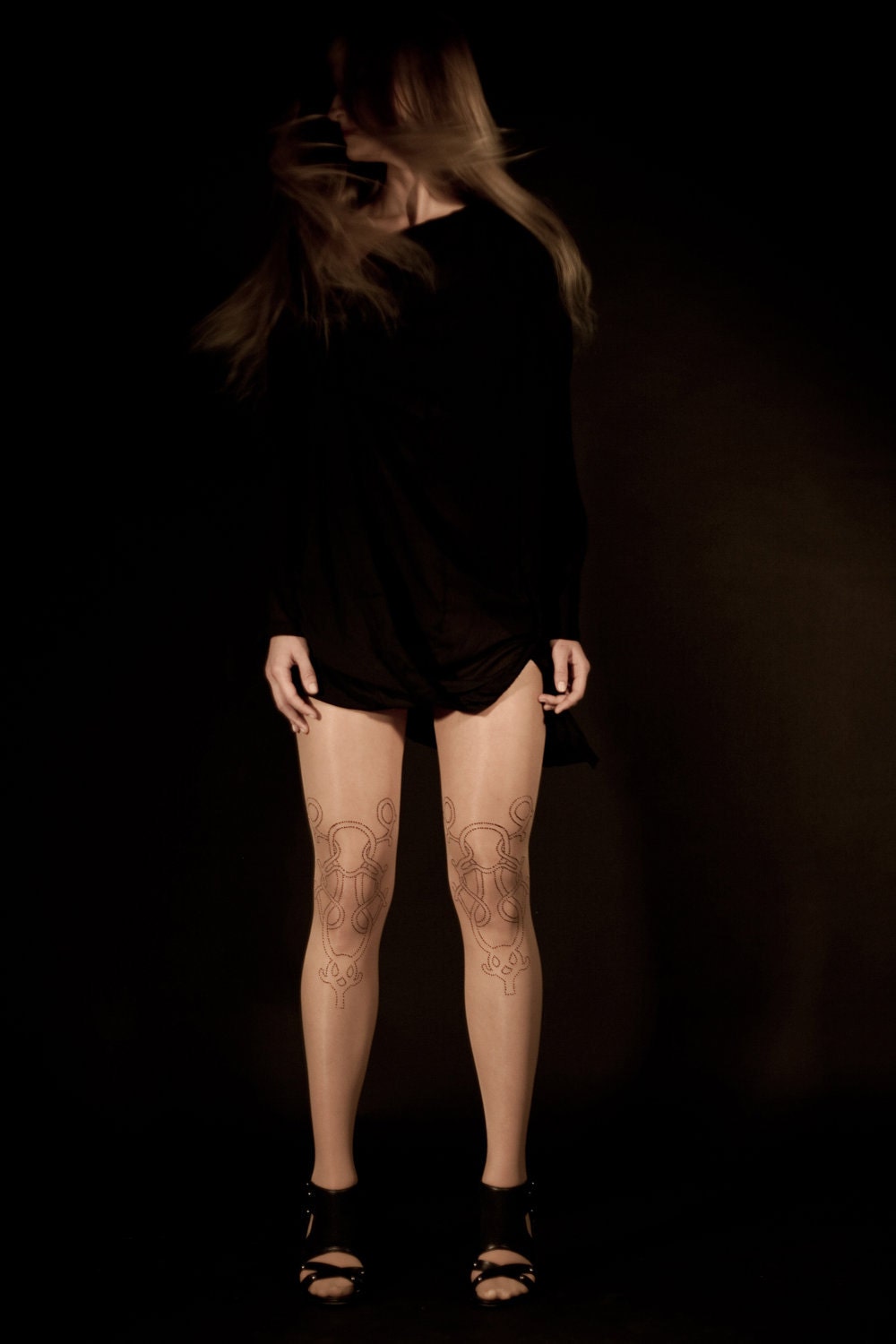 Hand Printed EXCLUSSIVE  Tights -Surreal, Black on Cashmere color, Flash Back collection - galstern