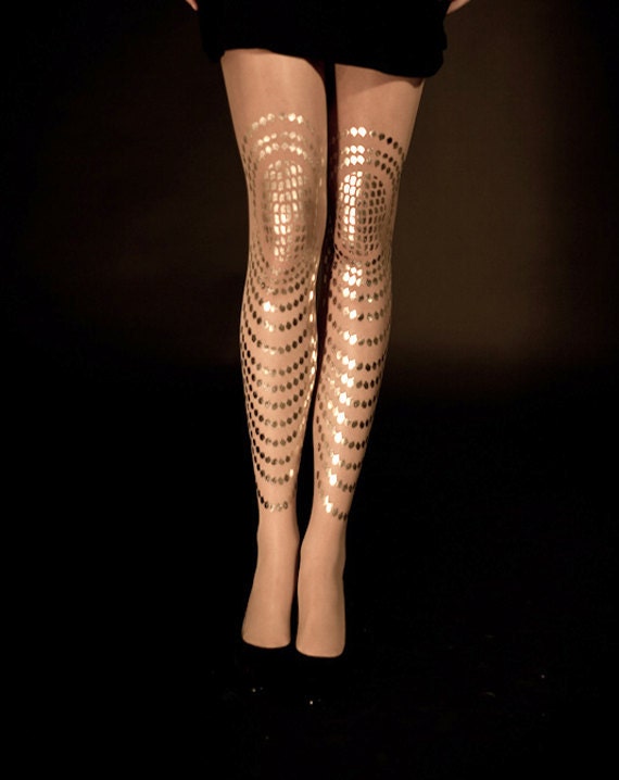 EXCLUSSIVE Hand Printed Tights - Goldfish, Gold on Sheer 'cashemere'color, Flash Back collection
