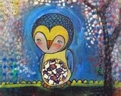 Mixed Media Owl- 8 X 8 Inch Print of of a Reproduction of the Original Owl Mixed Media Painting The World Inside Us by JULIETTE CRANE