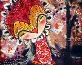 Primitive, Raw Art - Mystic Heart- an 8x8 inch Print of a Reproduction of the Original Mixed Media Owl Painting by Juliette Crane