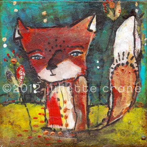 Fox Totem - 8x8 inch Print of a Reproduction of the Original Mixed Media Fox Painting Listen To Your Music by Juliette Crane