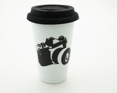 personalized Travel mug camera photographer gift  Double Walled Porcelain with Lid Eco Friendly