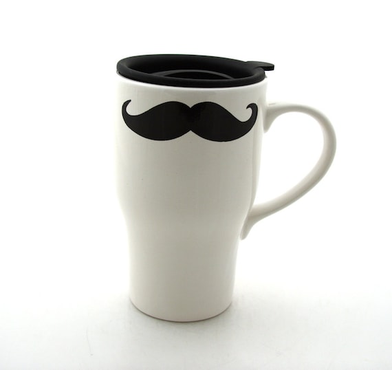 Mustache Moustache Travel Mug with handle Kiln Fired Double Sided