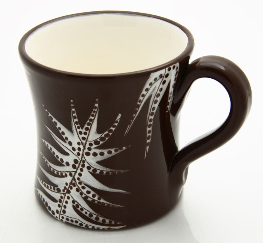 Oversized Coffee Mug White Leaves on Chocolate Brown