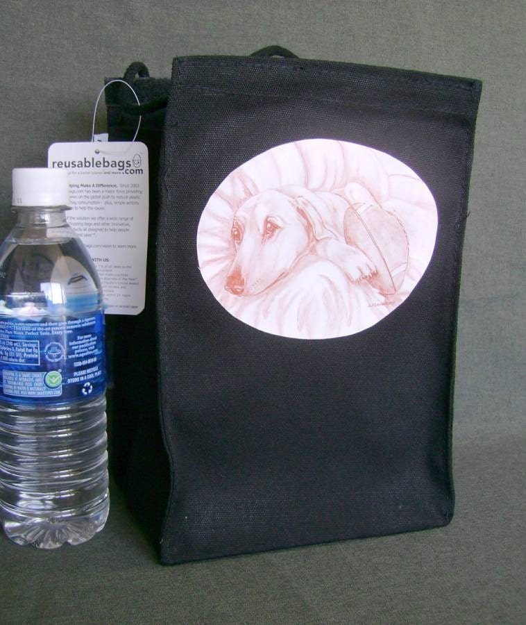 Lunch Bag Black On Recycled Cotton With Dog and Football in Sepia
