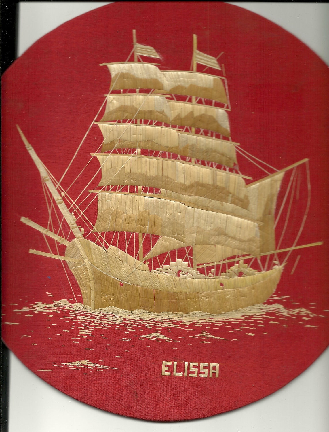 Sailing Ship ELISSA  Handmade leaf art of ELISSA on a round platform.  Ready to hang on the wall.  11 inch Diameter