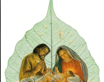 Christmas Nativity scene Handmade on leaf SALE  No two leaf exactly alike. Unique gift. Jesus on leaf art