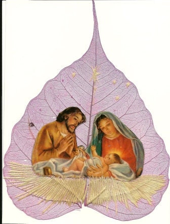 Christmas Nativity Scene on a real leaf.   Handmade Ancient Leaf art collectible  Signed art. Gifts under 10. CHRISTMAS gift