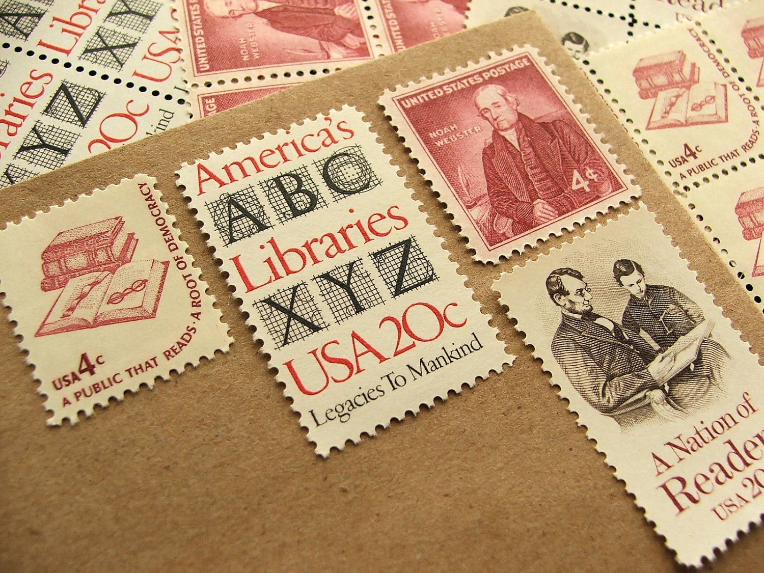 Black White Red All Over .. Library  .. UNused Vintage Postage Stamps  .. post 5 letters