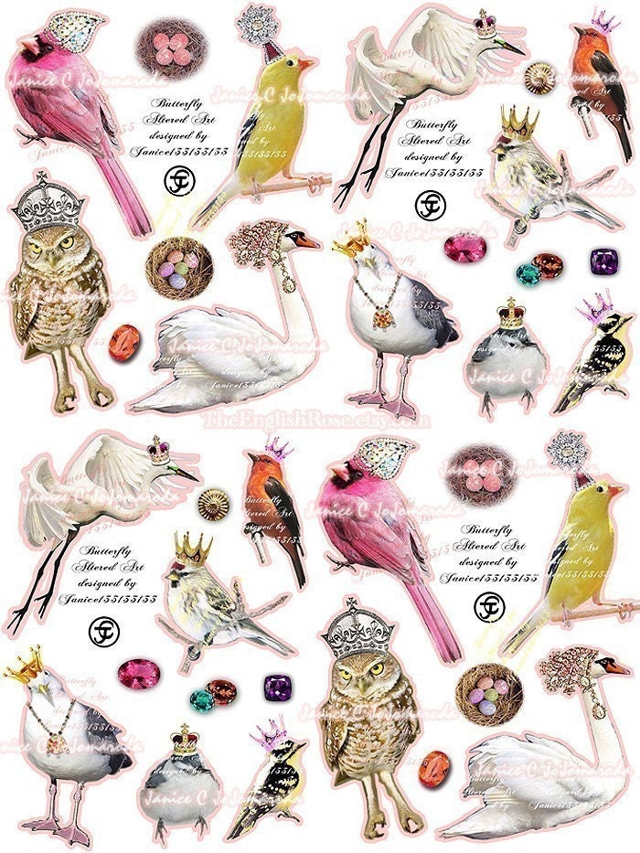 30 Jewelry Birds, 3 Pages A4 Size, Owl, Gull, Egret, 4 Egg Nests, Gold Color, Collage Sheets, Altered Art, by Janice C JoJomaroda