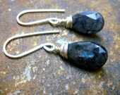 Briolette Earrings Sterling Silver wrapped blue Spectrolite Gemstone drop dangle -  Rare secret