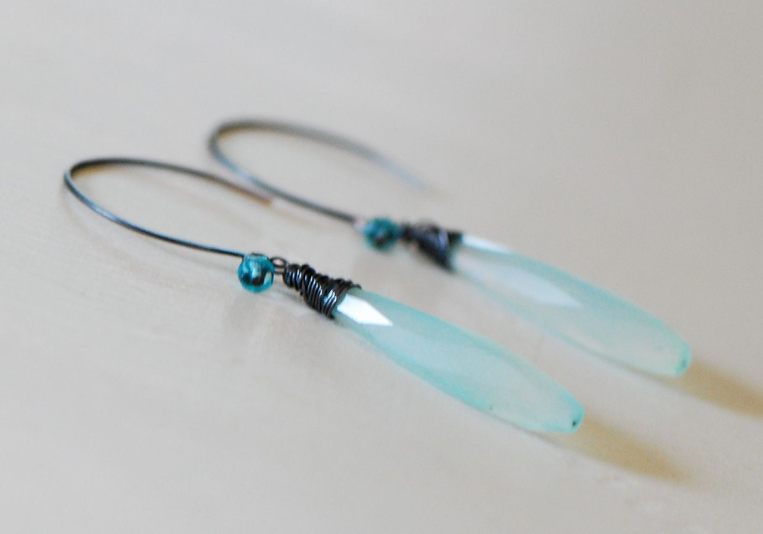 Aqua Chalcedony Earrings briolette long blue Gemstone drop oxidized Sterling Silver wire wrapped Apatite