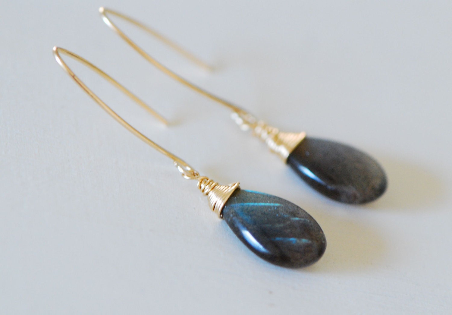 Labradorite briolette Earrings 14k gold filled  wire wrapped grey  AAA Gemstone dangle Stone