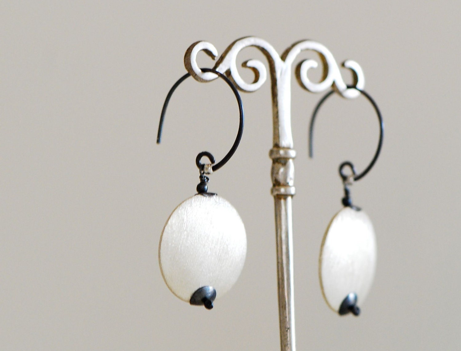 Sterling Silver Earrings disc matt brushed dangle oxidized