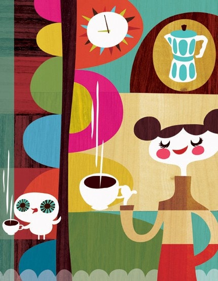 coffee with my owl... limited edition giclee print of an original illustration (8.5 x 11)