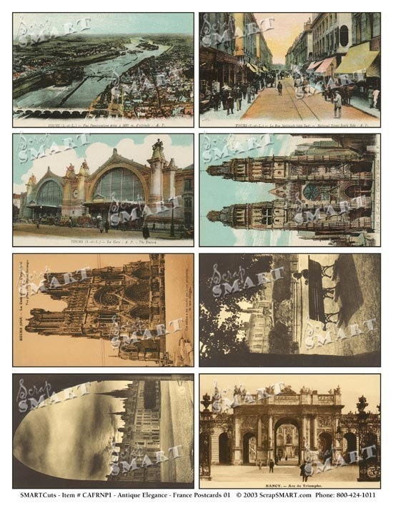 France-8 Architecture Vintage Postcards on a Collage Sheet Digital Download - AFRNP1