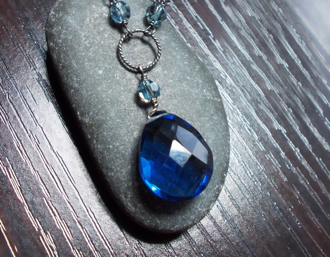 Blue Quartz Necklace, Victorian Blue Necklace, Gemstone Necklace, Royal Blue