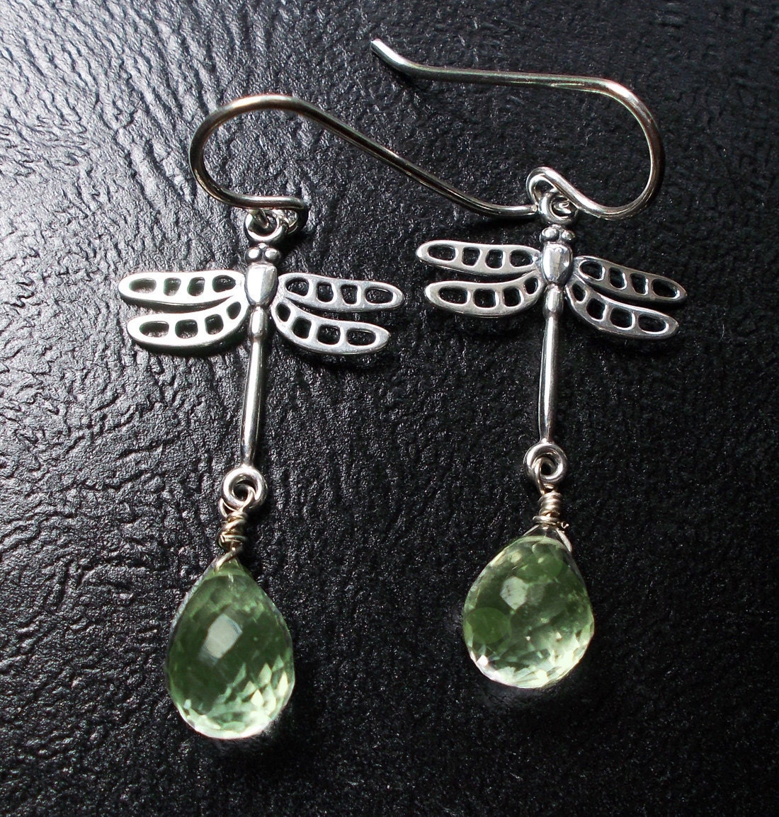 Green Amethyst Dragonfly Earrings, Dragonfly Charm Earrings, Sterling Silver, Dangle Earrings
