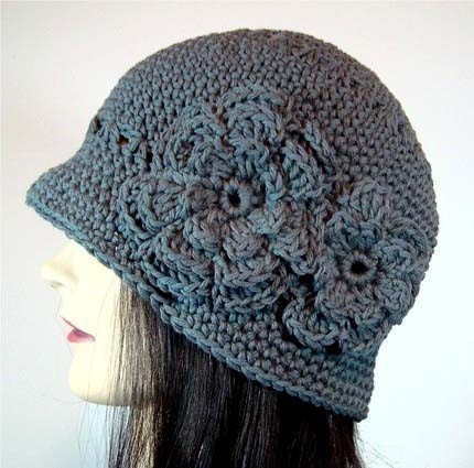 Cloche Hat in Slate Gray with 2 Crocheted Flowers, Cotton Blend