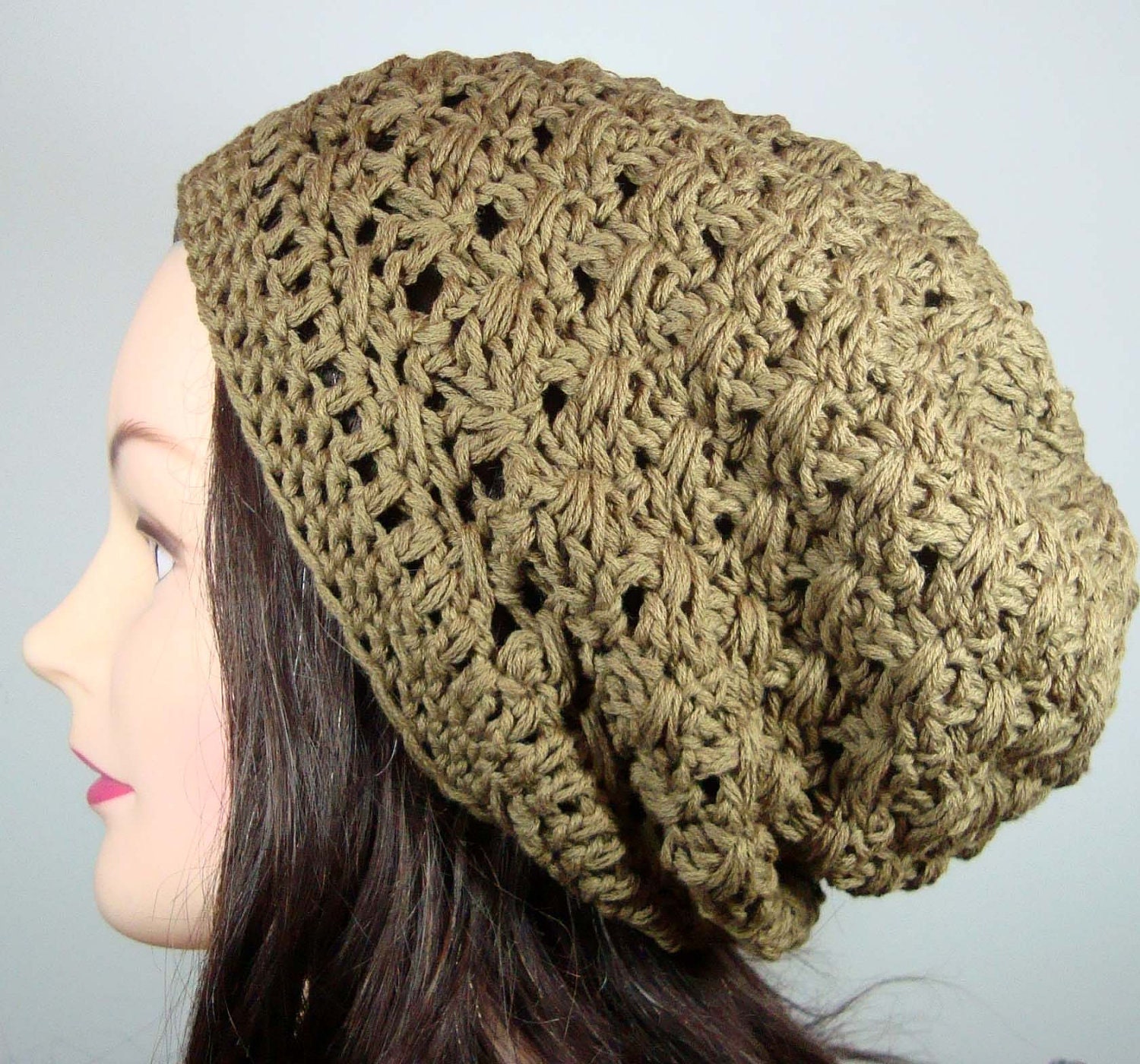 Criss-Cross Lattice Slouch Beanie Hat Tam in Olive Green