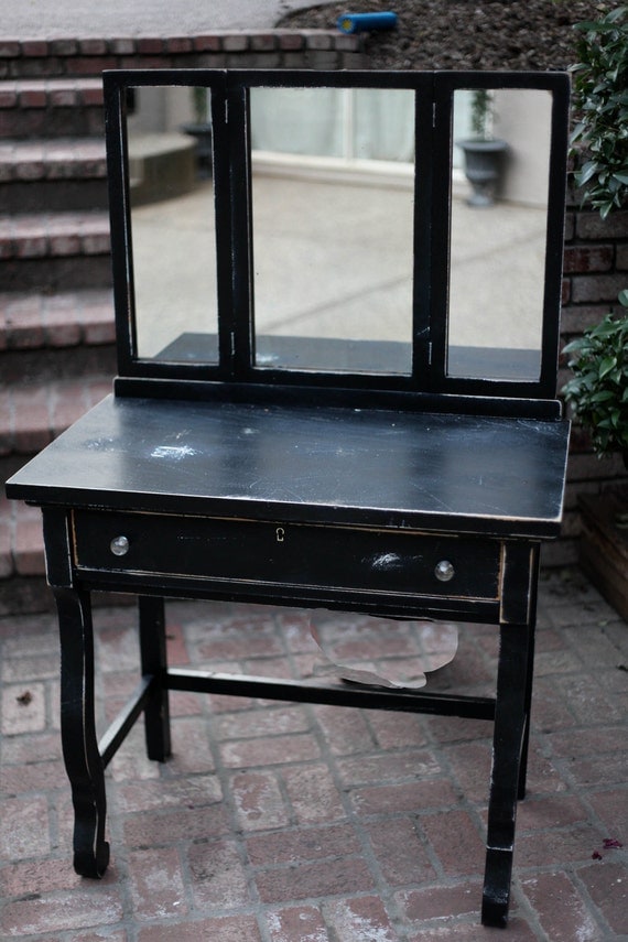 Black Wood Antique Vanity with Tri-fold Mirror - paris french cottage chic