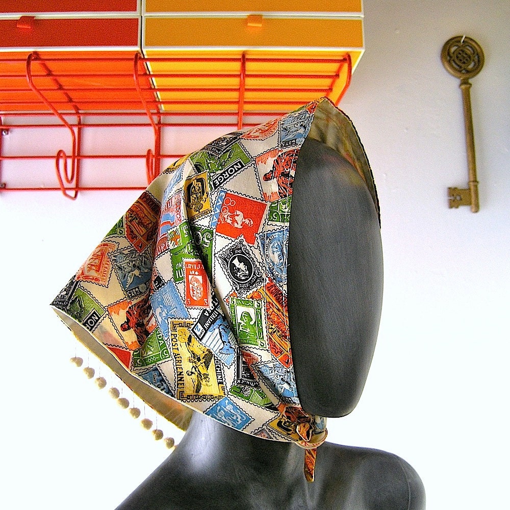 50s head scarf - Mad Men fashion chic - stamp theme w/ pom pom trim - Betty Draper driving chic