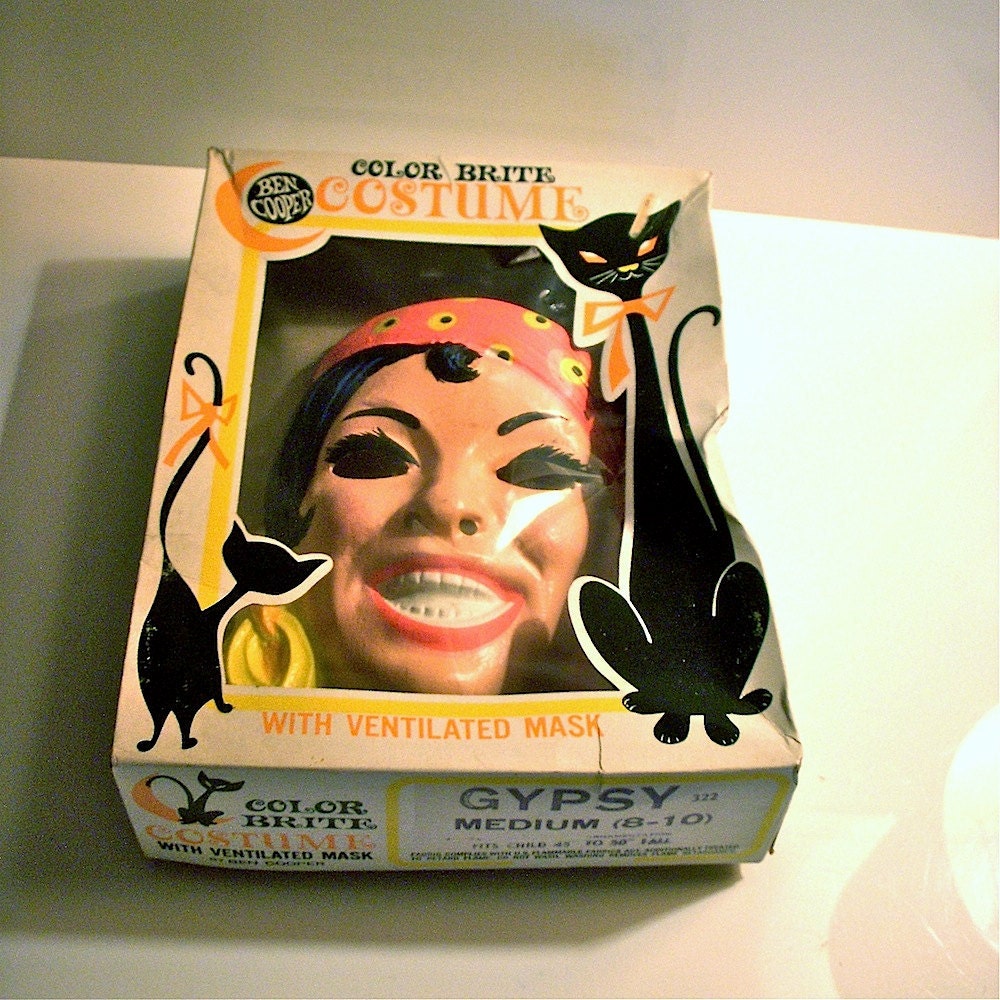 60s Ben Cooper Day Glow halloween costume - Mad Men era - gypsy woman - plastic mask/ nylon outfit - 1960s vintage