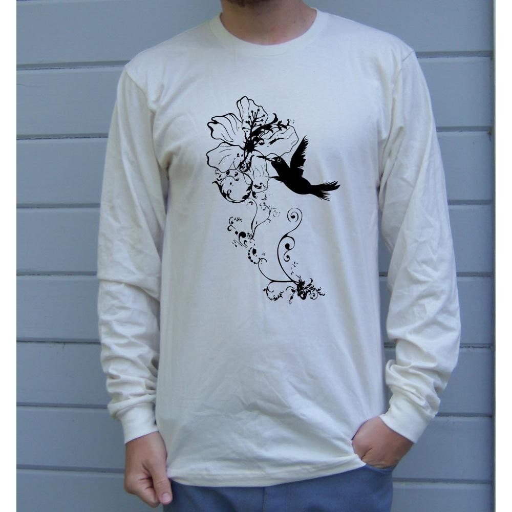 Bird and Swirl Flower Long Sleeve T-Shirt, Organic American Apparel T with Water Based Ink