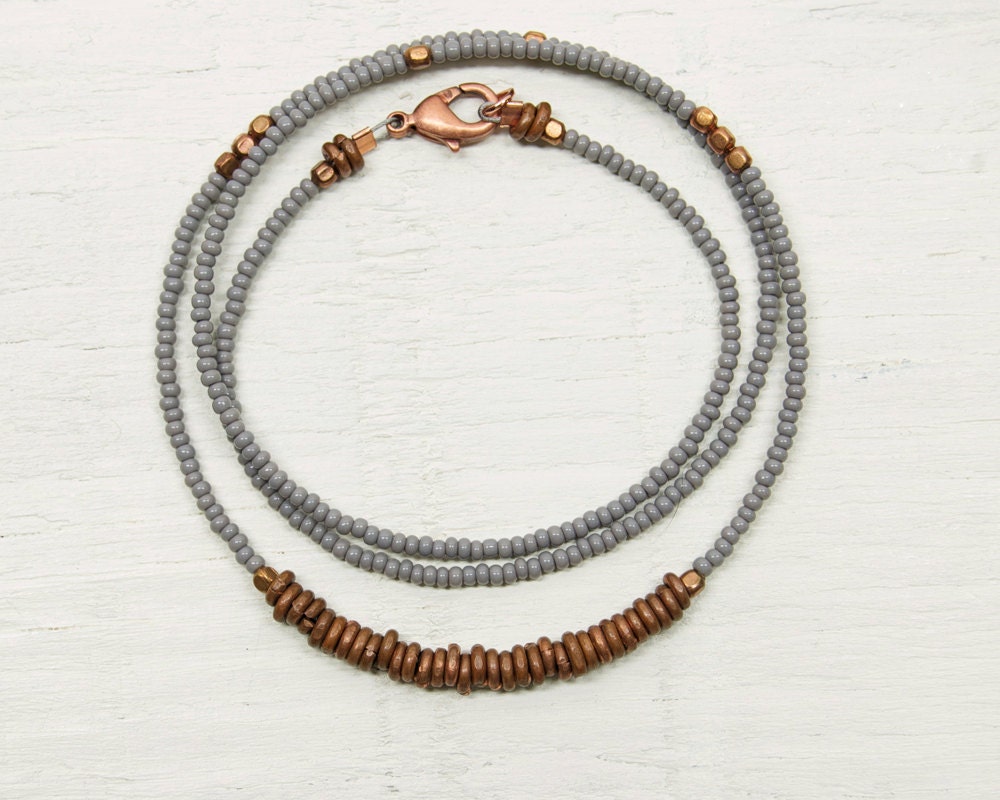 Everyday Necklace Beaded // Gray and Copper // Minimal and Rustic Seed Beads