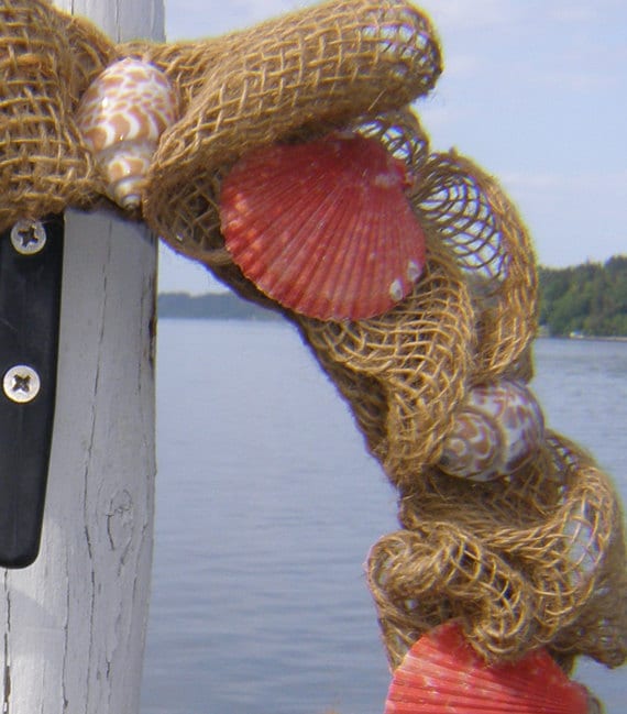 BURLAP BEACH WREATH, beach decor, seashell wreath, nautical wreath, bright orange/coral