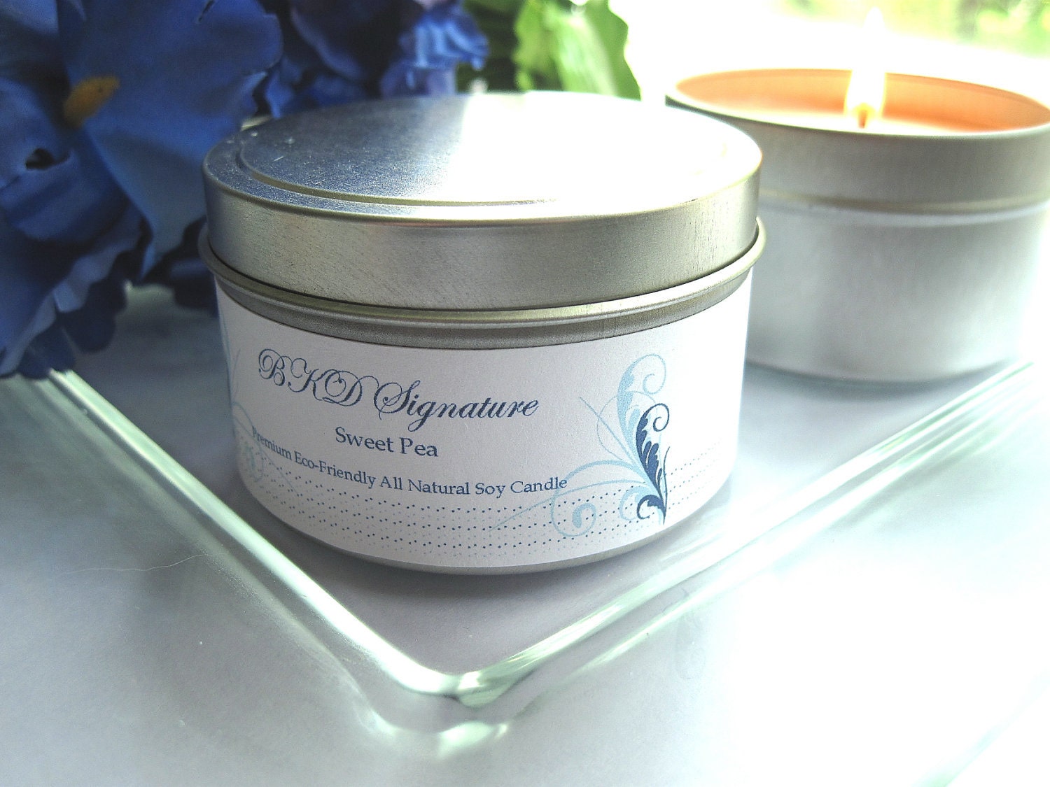 Sweet Pea Soy Candle. Premium, Eco Friendly, All Natural Soy. 4 oz Round Tin.