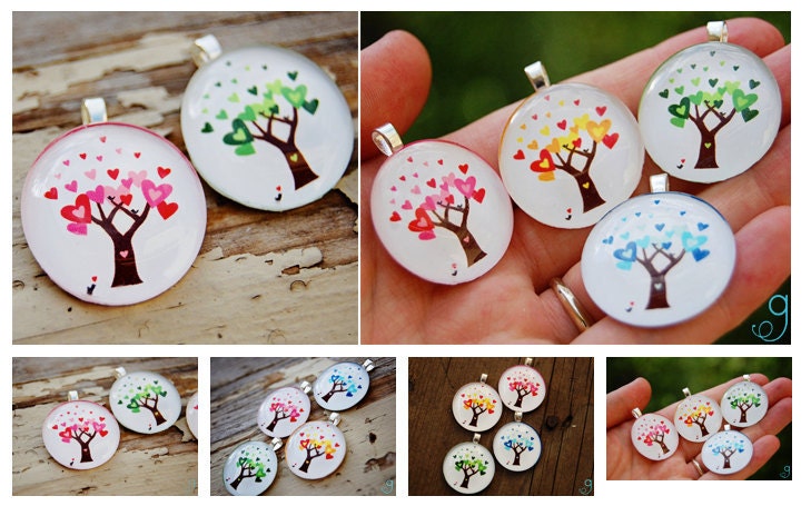 Love in Bloom Collection - Green Spring, Red Summer, Yellow Autumn, Blue Winter - Circle Glass Tile Pendant - LISTING FOR ONE