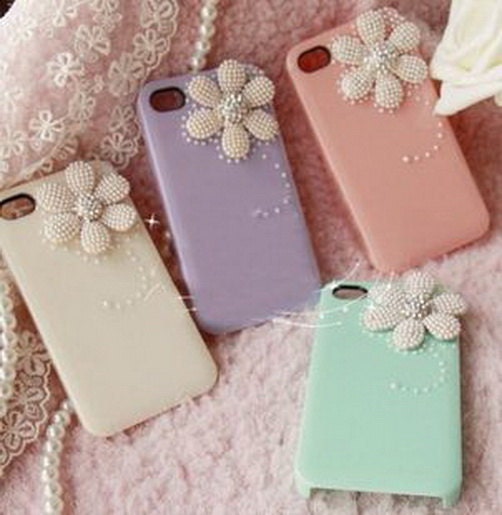 Popsicle apple iphone 5 or 4s case, pearl and crystal on dahlia flower, US fast shipping