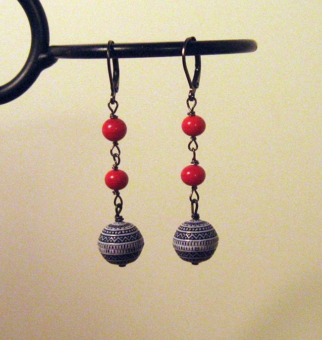 Earrings - Blue and White Patterned Lucite and Red Vintage Glass