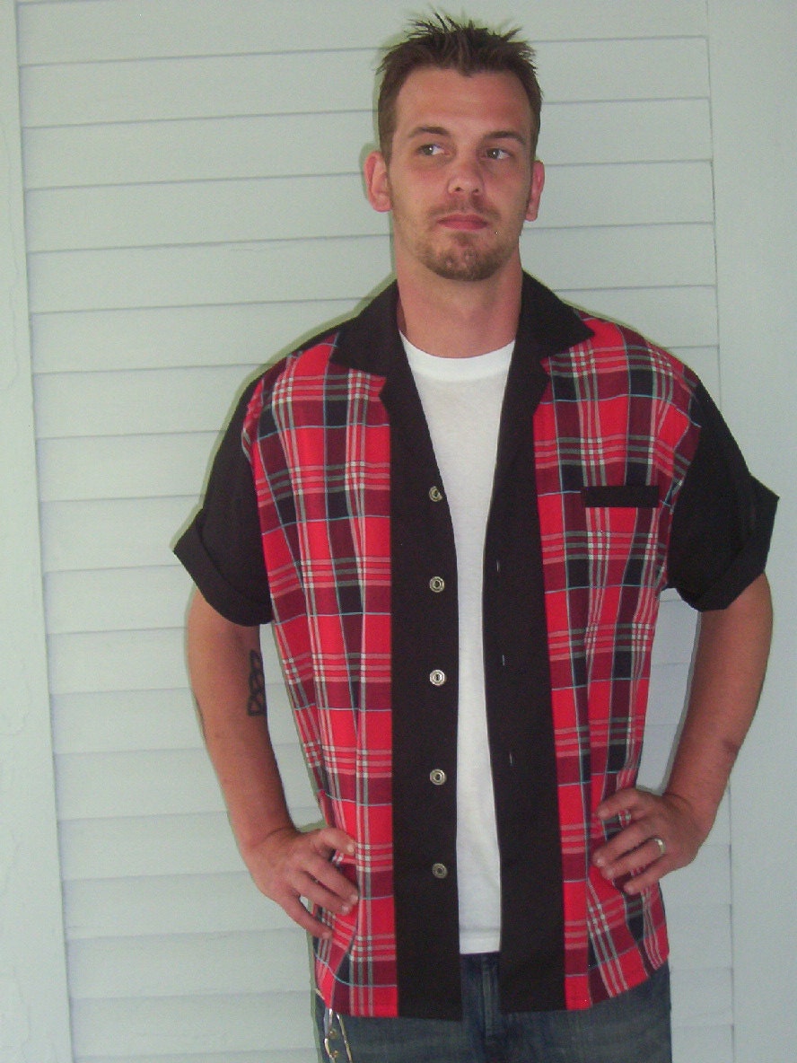 Men's Short Sleeve Rockabilly Shirt Vintage Red & Black Plaid Cotton Fabric