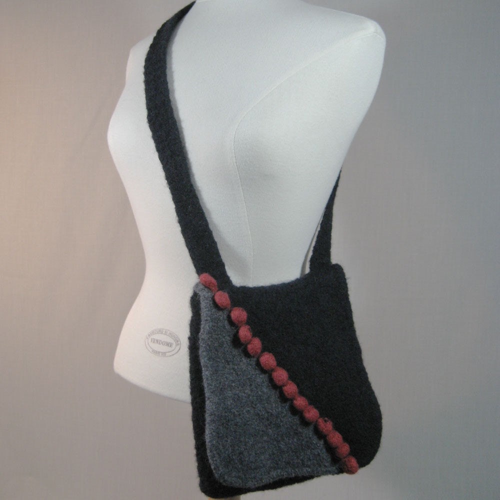 SALE... Black, Grey and Red Bobble Hand Knit and Felted Shoulder Bag