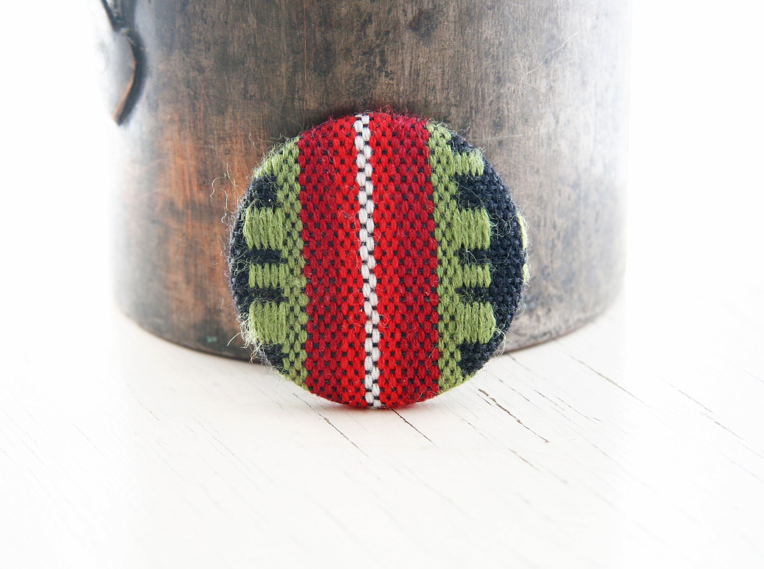 Eco Friendly Red, Green, Black and White Handmade Fabric Covered Button Pin- 1 7/8 inches Europeanstreetteam