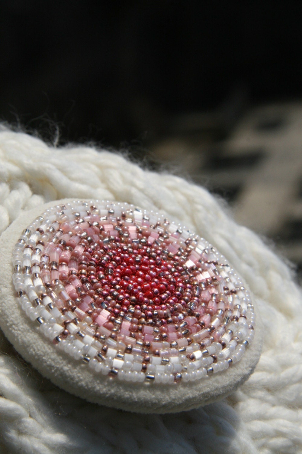 Dusty Rose Pink and Ivory Mandala Brooch Bead Embroidered