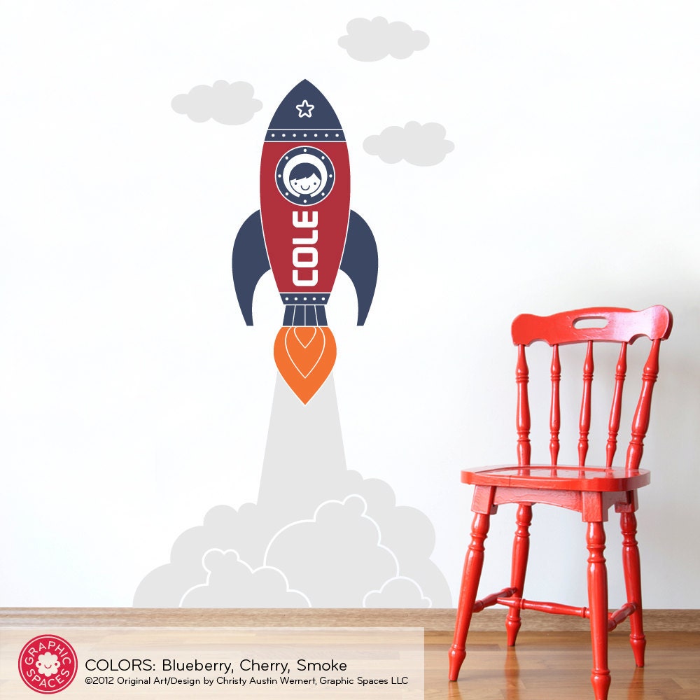 Rocket Wall Decal Sticker Outer Space Launch Boy Name Children Baby Nursery