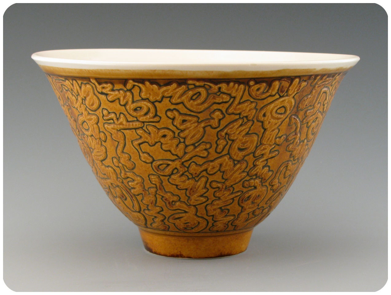 Golden Yellow Etched Porcelain Bowl With White Interior