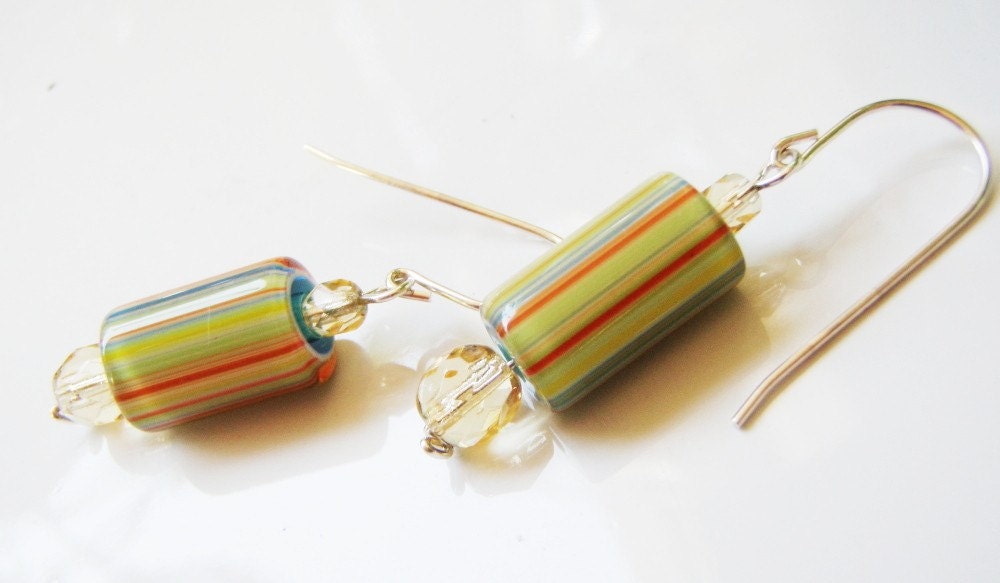 Yellow Green Orange Blue Striped Candy Cane Bead Earrings