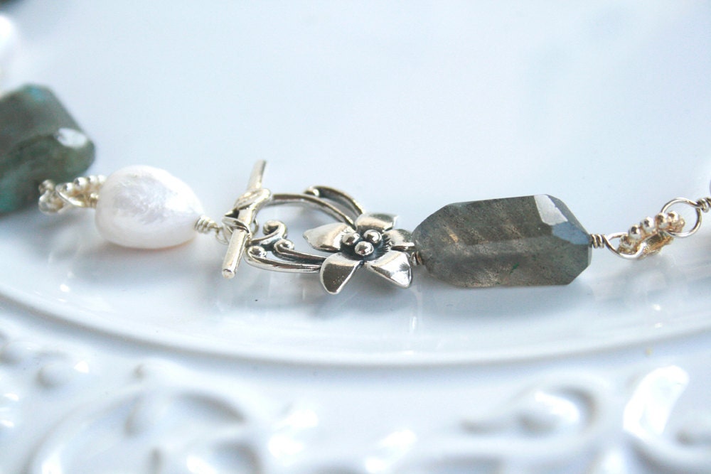 Fresh Water Pearl Labradorite Silver Toggle Necklace