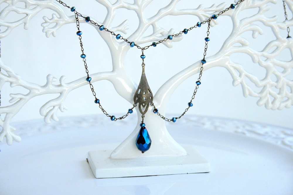 Downton Abbey Style Cobalt Blue Victorian Edwardian  Sterling Silver Necklace