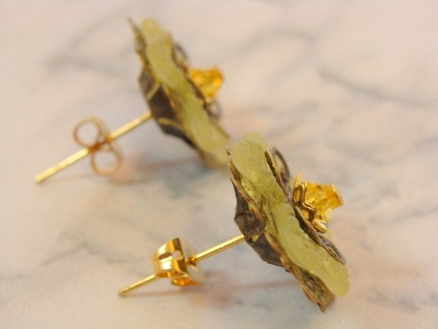 Yellow Floral Post Earrings With Swarovski Crystals