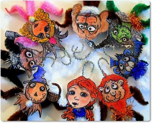 OOAK hand made feather tree ornaments from original illustrations Wizard of Oz