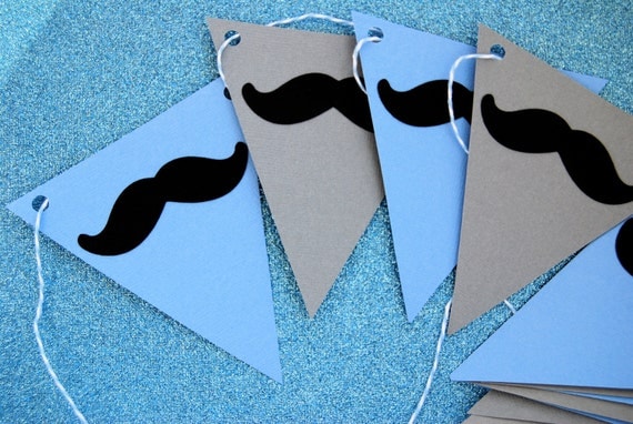 Mustache Party Banner in Gray and Baby Blue